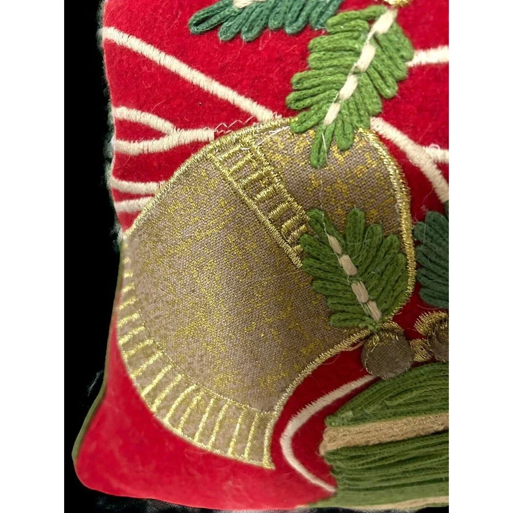 Christmas Holiday Felted Wreath Bells Pillow Removable Down Filled Insert Cover